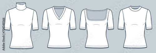 Short Sleeve Shirt technical fashion illustration. Slim Fit T-Shirt fashion flat technical drawing template, round neck, roll neck, square neck, v-neck, front view, white, women CAD mockup set.