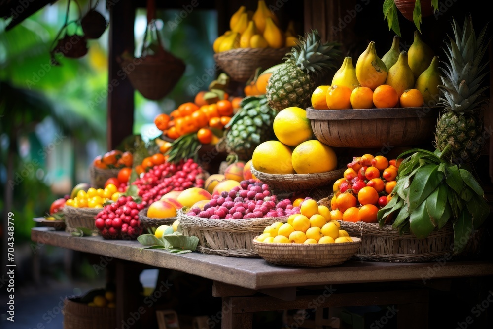 Photo of a fruit market stand with vibrant tropical fruits. Generative AI