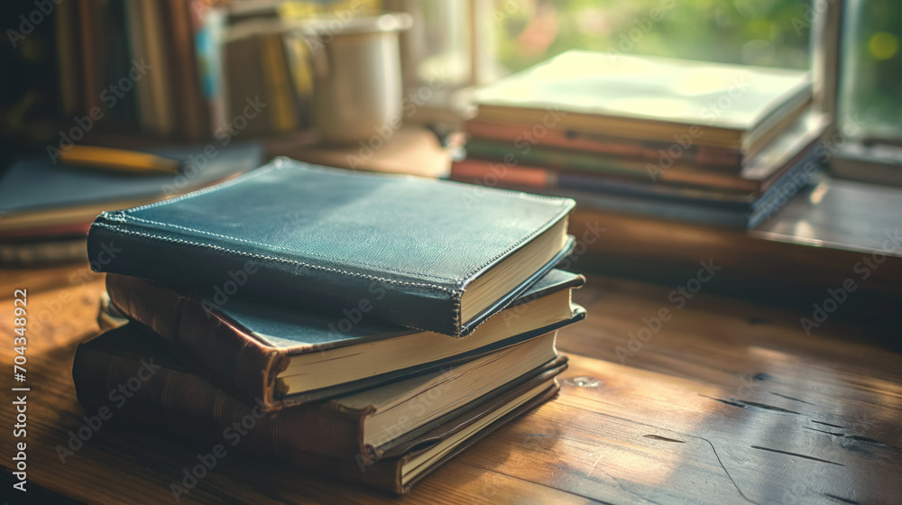 A stack of books on a wooden table. A stack of books on a wooden table.