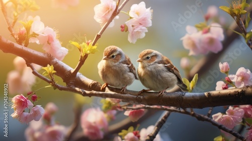 Sunny may delight: playful sparrow chicks amidst pink apple blossoms in a garden setting