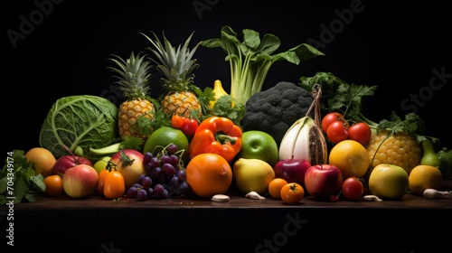 Vibrant array of fresh fruits and vegetables in studio setting - healthy eating concept with colorful produce  