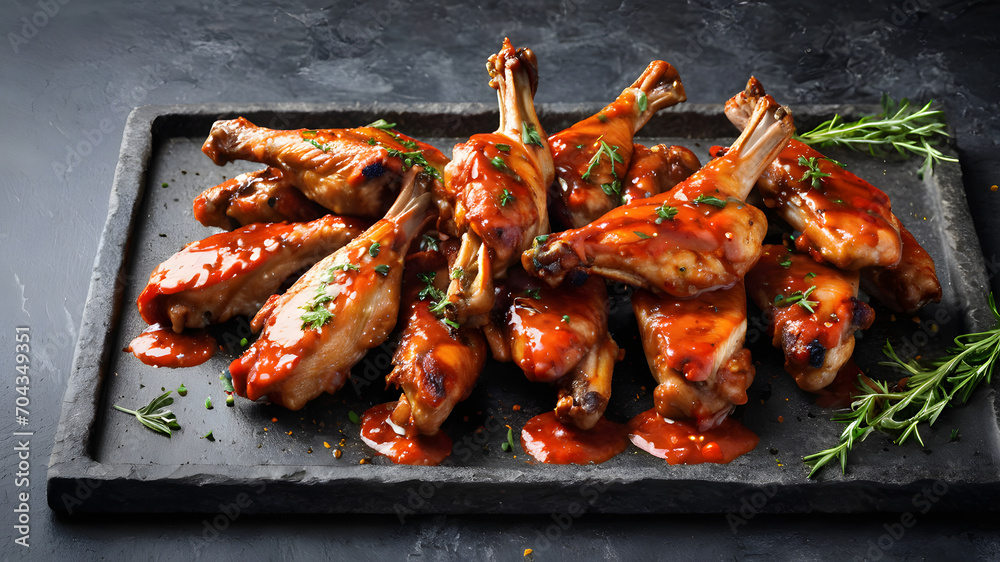 Grilled chicken wings with spicy sauce as top view on a black slate plate with copy space