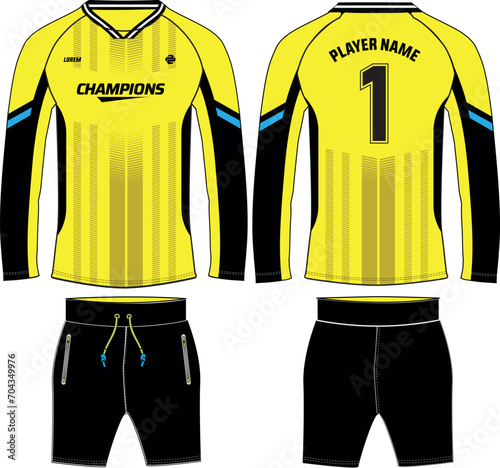 Long sleeve Goalkeeper t shirt with shorts , Sports jersey design flat sketch illustration, abstract pattern Football jersey concept with front and back view , Soccer keeper uniform kit designs