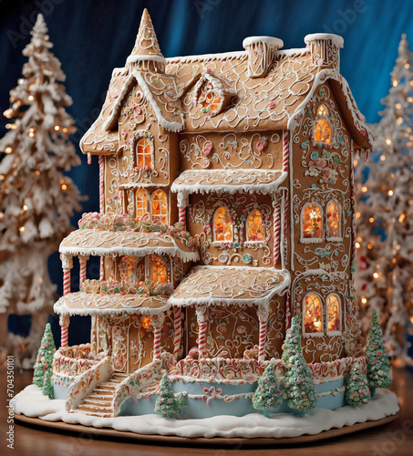 A gingerbread house richly decorated with icing patterns and caramel figures
