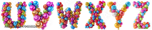 Group of 3d rendering letters U V W X Y Z made of colorful balloons. Funny alphabet isolated on transparent background.