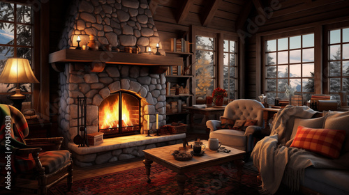 Beautiful Living Room Crafted with Bricks and Stones, Featuring a Fireplace and Sofa