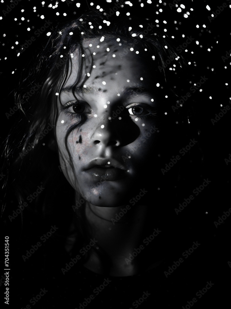 Portrait of a young woman in a dark room with white lights Portrait of a young woman in a dark room with white lights