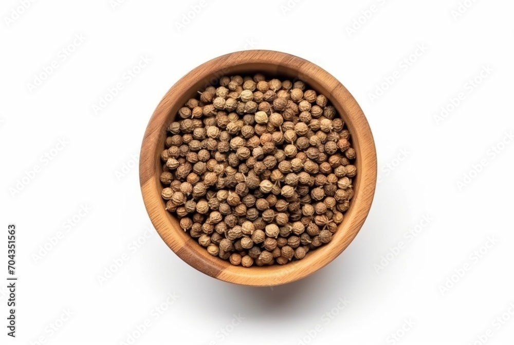 flat lay top view of dried coriander seeds in the wooden bowl isolated on white background. generatif ai flat lay top view of dried coriander seeds in the wooden bowl isolated on white background. generatif ai
