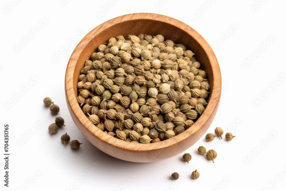 flat lay top view of dried coriander seeds in the wooden bowl isolated on white background. generatif ai flat lay top view of dried coriander seeds in the wooden bowl isolated on white background. generatif ai