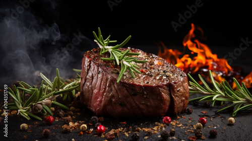 Grilled Steak on Lava Stone, Close-up with Succulent Aromas photo