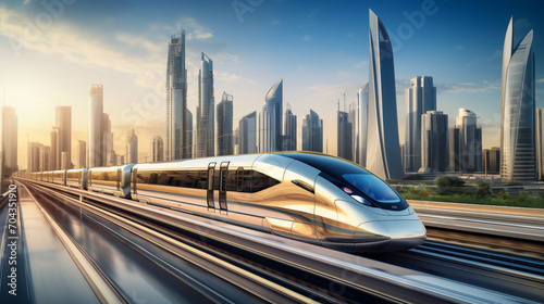Supersonic Train Soaring Over Futuristic Cityscape - Aerial View