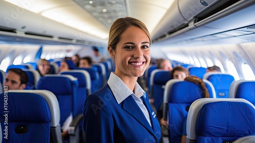 A friendly flight attendant helps passengers settle into their seats and demonstrates safety procedures