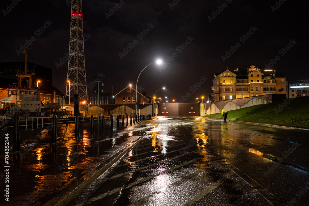 closed flood gate seen from the waterside during storm surge in Cuxhaven, Germany