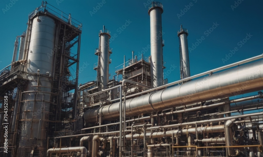 Modern oil petroleum plant with pipelines and technology communications. Exterior of modern petrochemical installation with reactors converter furnace chimneys communications under blue sky background