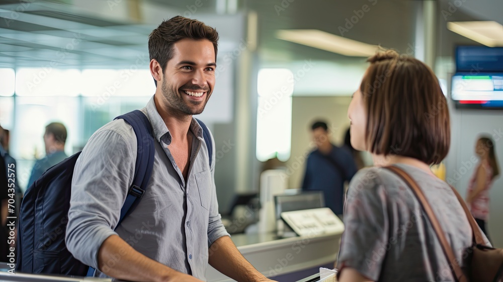 a passengers approaches the check-in counter with his passport and e-ticket in hand. The airport staff welcomes his with a smile a passengers approaches the check-in counter with his passport and e-ticket in hand. The airport staff welcomes his with a smile