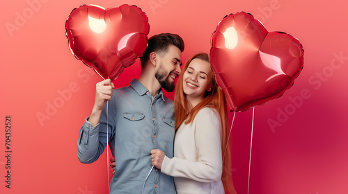 Happy young couple with heart-shaped balloons on color background. Valentine's Day celebration photo