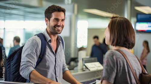 a passengers approaches the check-in counter with his passport and e-ticket in hand. The airport staff welcomes his with a smile photo