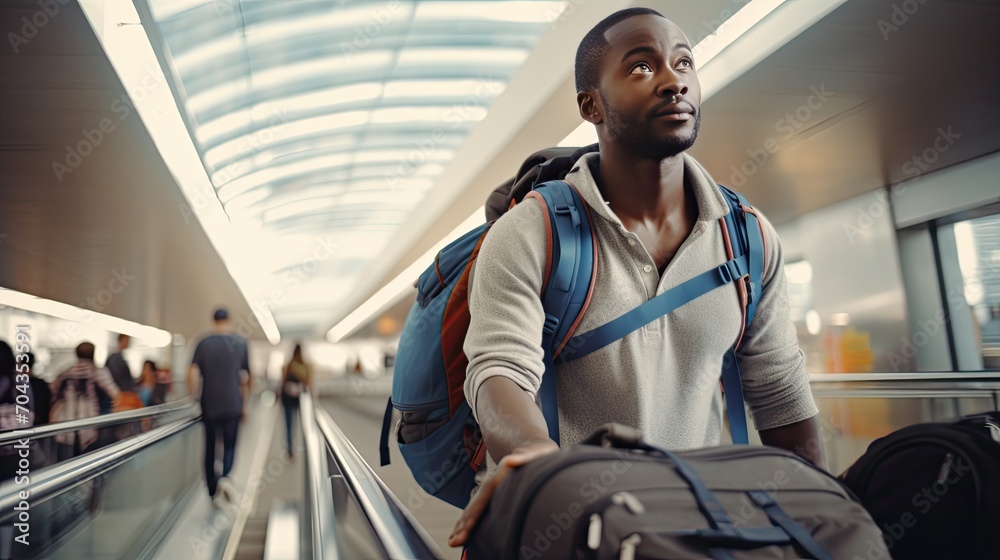 african man in the airport traveling at destination african man in the airport traveling at destination