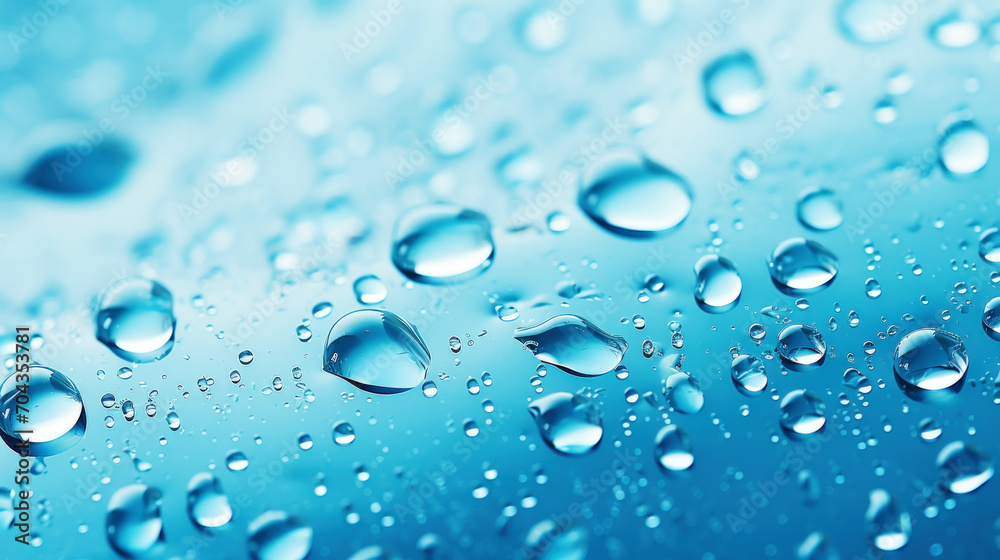 Closeup of water drops sliding on wet surface. Blue background. Generative AI Closeup of water drops sliding on wet surface. Blue background. Generative AI