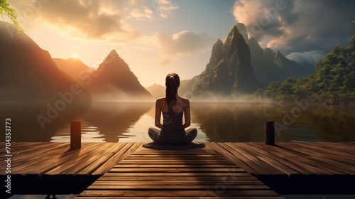 Back View of a Woman Practicing Yoga by a Lake Amidst Picturesque Mountains