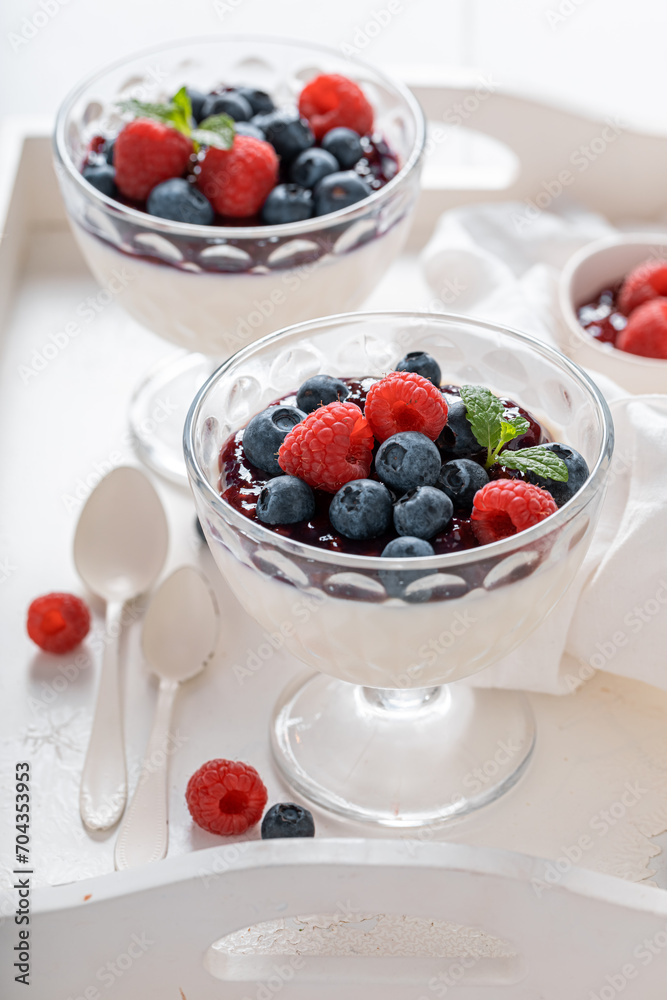 Sweet and traditional Panna Cotta made of mousse and milk. Sweet and traditional Panna Cotta made of mousse and milk.