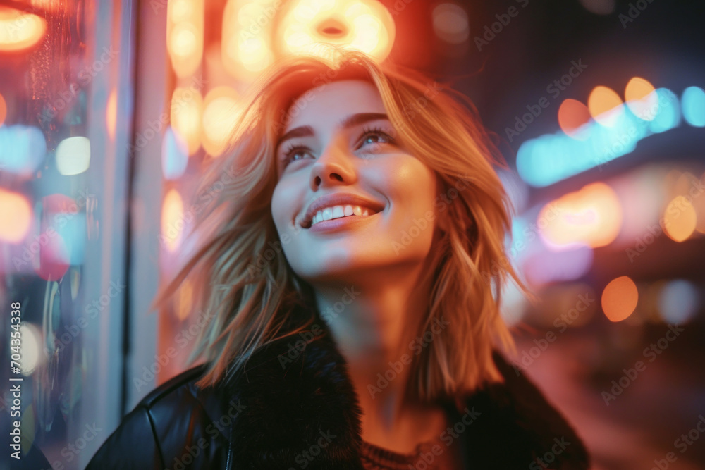 Naklejka premium A young smiling blonde woman in the evening city illuminated by neon light