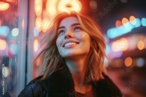 A young smiling blonde woman in the evening city illuminated by neon light photo