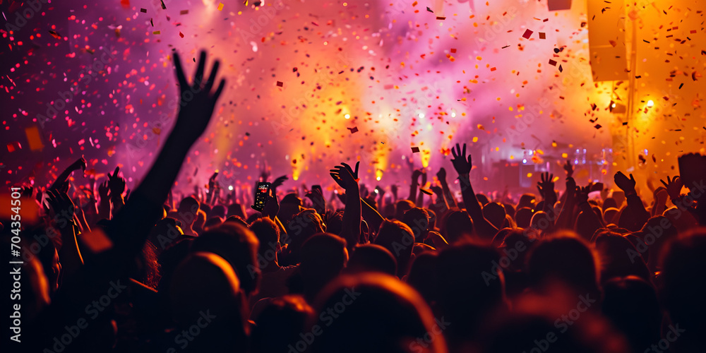 In a vibrant nightclub, people dance joyfully at a music festival, their silhouettes illuminated by pulsating lights. The energy is infectious, creating atmosphere of pure exhilaration. Generative AI