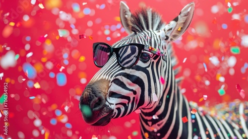 A funny zebra in fashionable glasses hangs out on a red background on which metophane falls.