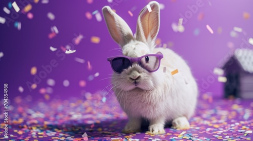 Funny festival bunny wearing glasses around confetti on purple background