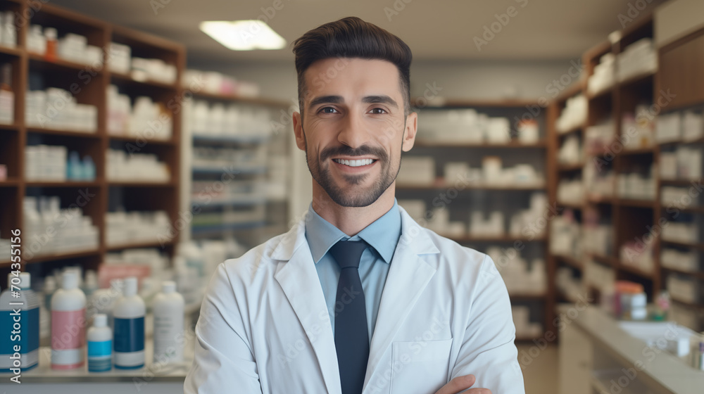 Portrait of a smiling pharmacist in business suit with blurred background