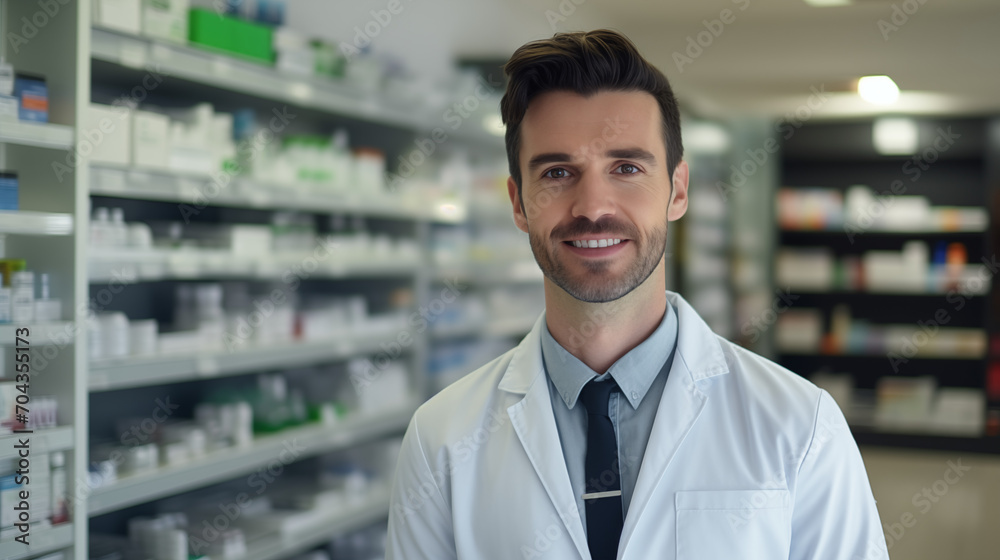 Portrait of a smiling pharmacist in business suit with blurred background