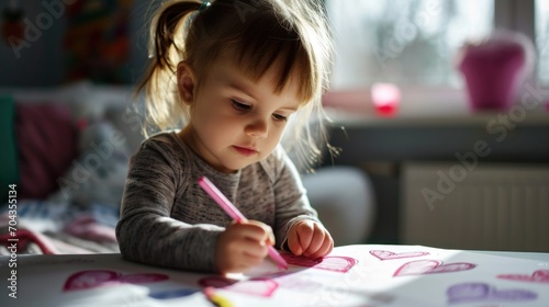 Cute little girl drawing on her room .