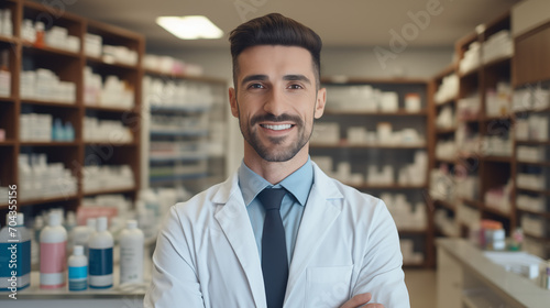 Portrait of a smiling pharmacist in business suit with blurred background