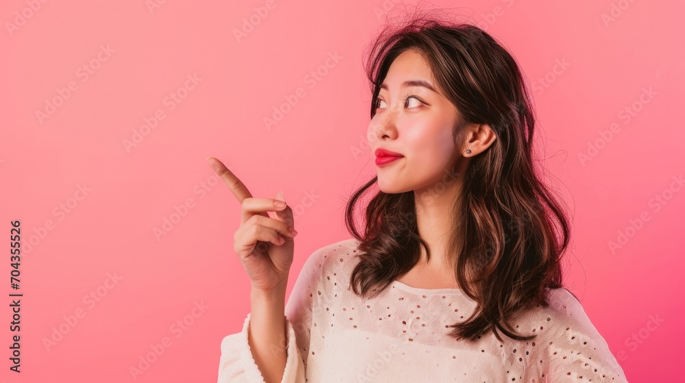 Beautiful asian woman pointing finger into blank space. Smiling female wearing white shirt on isolated yellow background. Attractive Teenager girl looking at empty space for text.
Beautiful asian woman pointing finger into blank space. Smiling female wearing white shirt on isolated yellow background. Attractive Teenager girl looking at empty space for text.