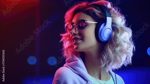 Teen hipster girl in glasses and headphones with favorite playlist music posing on neon purple background street wall