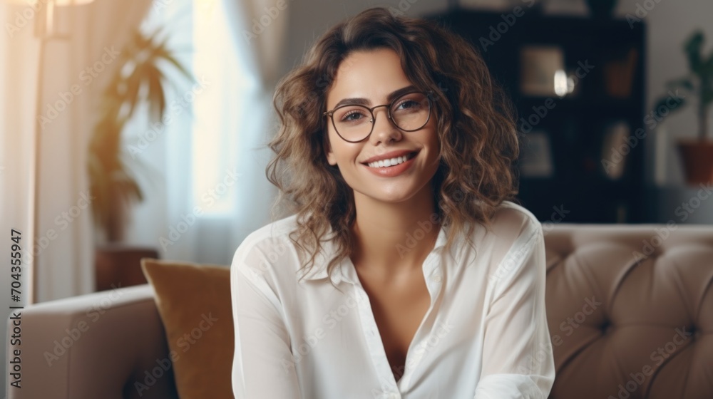 Happy Brunette Business Lady Smiling To Camera Posing Wearing Glasses Working Sitting At Workplace In Modern Office. Successful Entrepreneurship And Career Concept Happy Brunette Business Lady Smiling To Camera Posing Wearing Glasses Working Sitting At Workplace In Modern Office. Successful Entrepreneurship And Career Concept