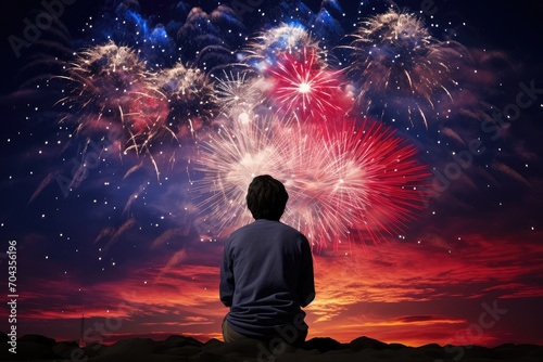 A silhouette of a couple looking up at fireworks in the sky. Generative AI