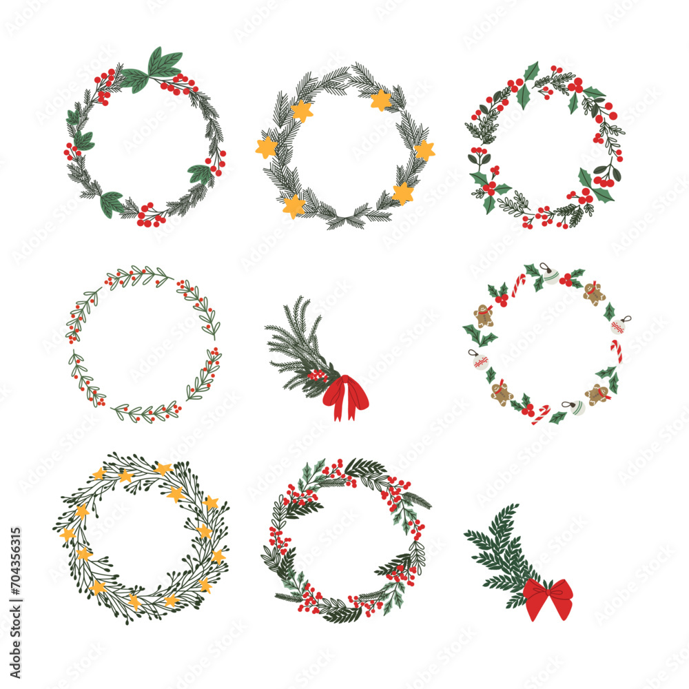 Christmas door wreaths collection. Xmas decor for winter holiday decoration. Green fir twigs and red berries. Hand drawn vector illustration