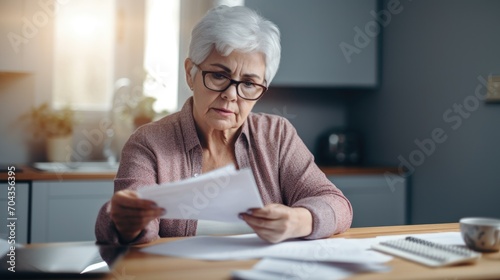 Focused middle aged businesswoman manager employee entrepreneur reading paper documents, analyzing financial report, reviewing economic data, considering problem solution alone at modern home office. photo