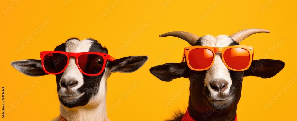 Groovy Goats in Shades: A Colorful Twist on Farmyard Chic. Generative AI