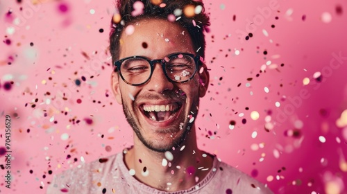 Photo of lucky excited boy  dressed glamour clothes rising fists celebrating christmas isolated pink color background. Happy Young man on glasses screaming on festival.  photo