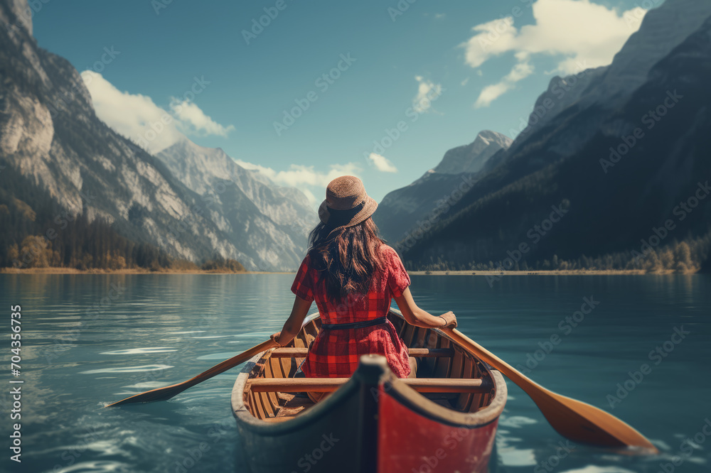Woman sitting in a canoe with her back turned in the outdoor wilderness in a canoe on a river among magnificent mountains and forests.