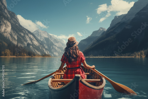 Woman sitting in a canoe with her back turned in the outdoor wilderness in a canoe on a river among magnificent mountains and forests.