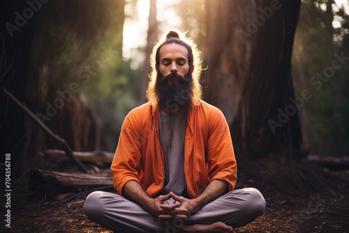 Bearded man in orange robe meditating in forest photo