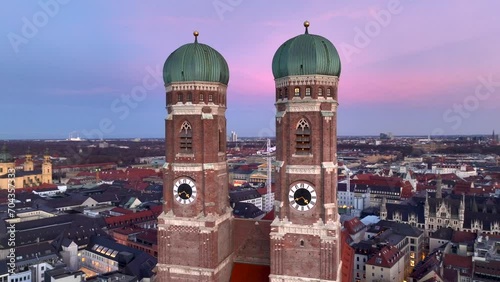 Aerial View on Frauenkirche Church and Marienplatz in Munich City Center at WInter Evening Twilight, Munchen, Germany photo