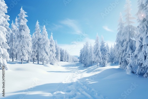Sunny winter forest idyll with white snowy trees, nature scene banner background with copy space for vacation, travel and December holidays
