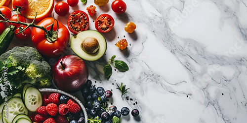 Healthy eating concept vegetables and fruits on white marble background top view free space for your text. . generative ai