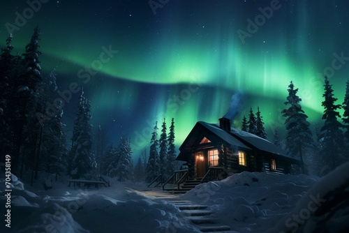 View of the northern lights in the winter forest from the house window