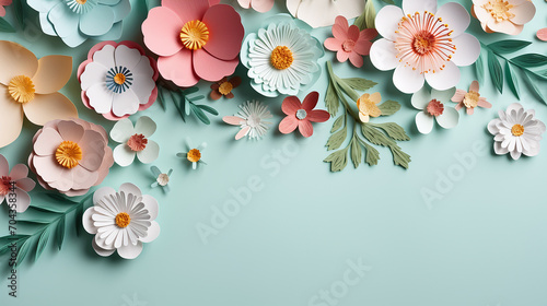 beautiful spring flowers on paper background papercut style on green background photo